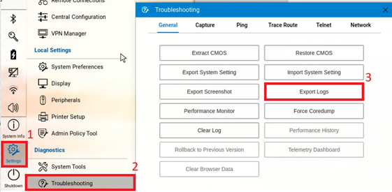 Configuración, solución de problemas y exportación de registros