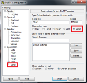 Image shows putty window with serial selected