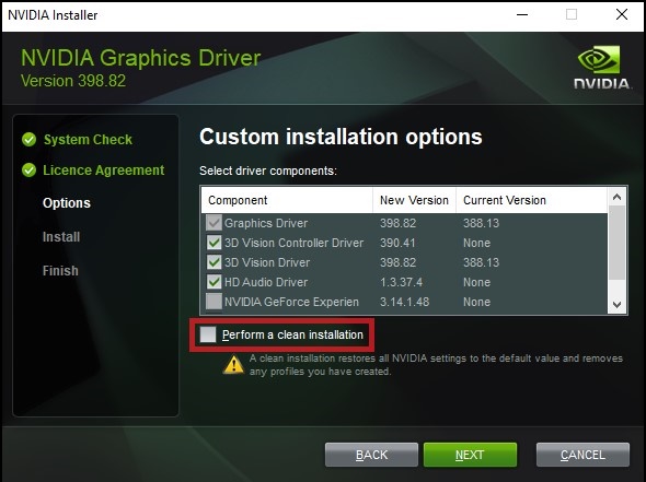 Opcje instalacji sterownika karty graficznej Nvidia