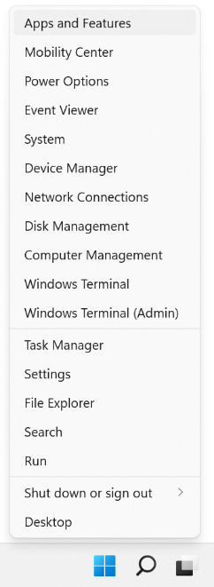 Image depicts the Apps and Features option that is found when right-clicking the Start menu.