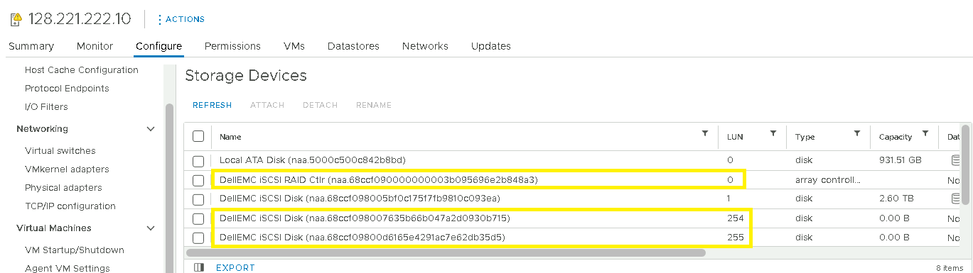 vCenter depolama aygıtlarının ekran görüntüsü