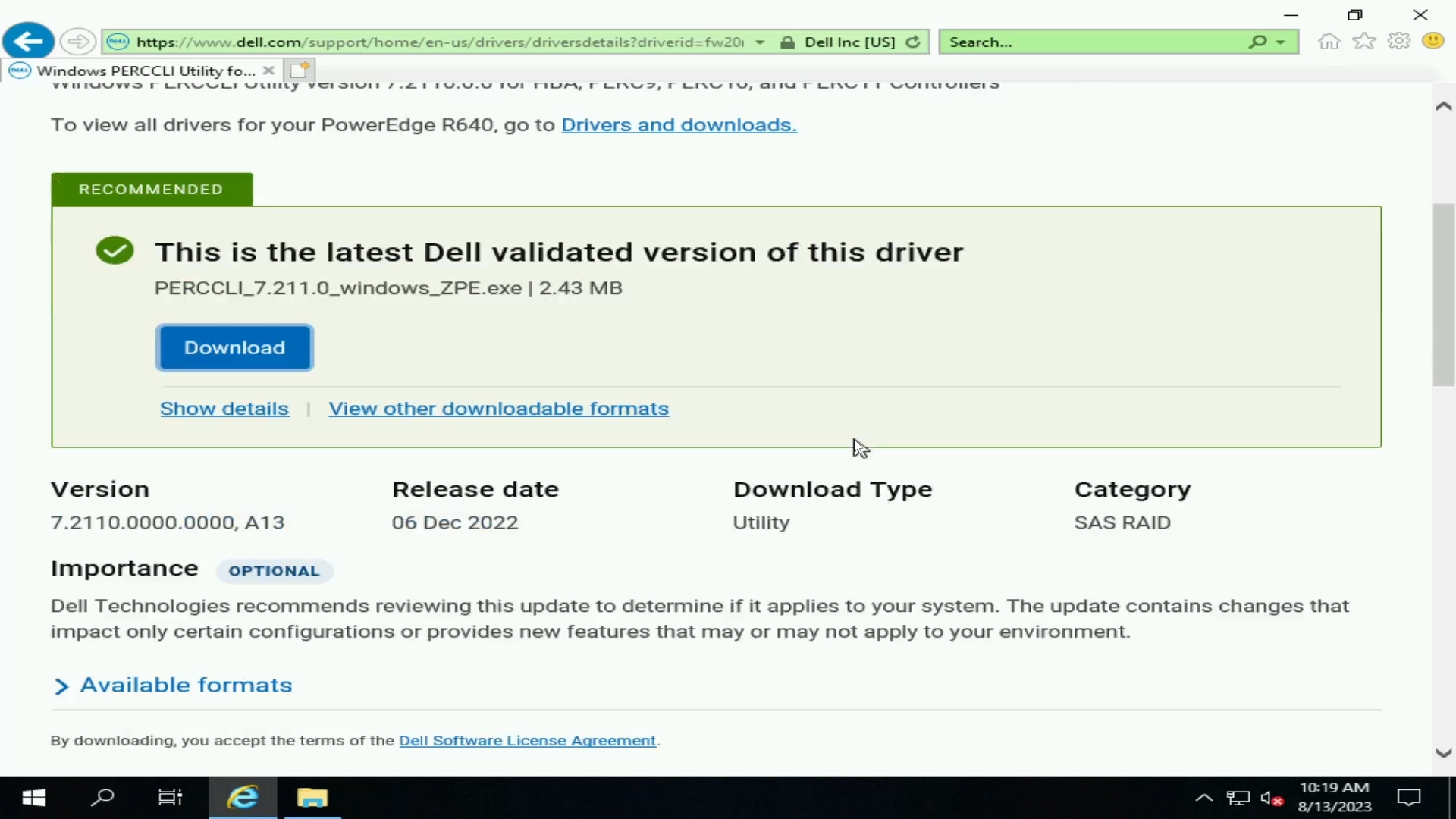 Windows PERCCLI utility on Dell support site download.