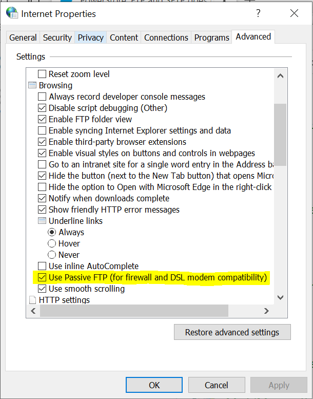 screenshot di come modificare la modalità FTP in attiva in Esplora file di Windows