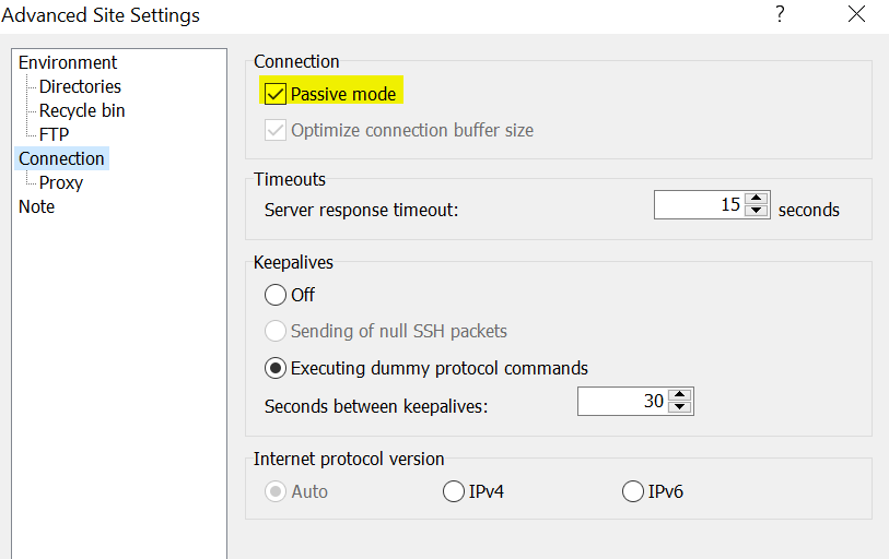 screenshot di come modificare la modalità su Attiva su WINSCP