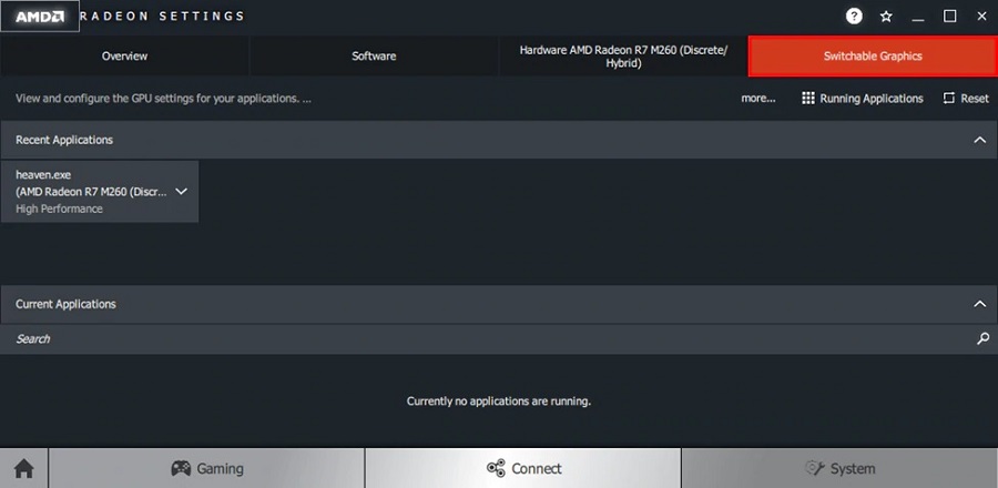 AMD Radeon-innstillinger, byttbar grafikk