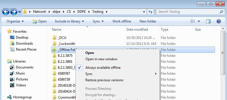 Síťová složka s vypnutou offline synchronizací