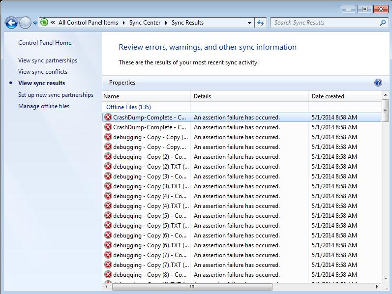 Windows Sync Center 傳回的錯誤訊息結果