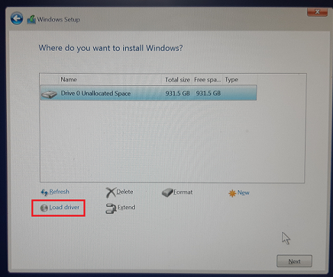 Windows를 설치할 위치 선택 화면