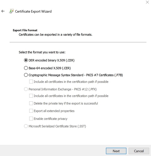 Seleccione DER encoded binary X.509 (. CER) y haga clic en Next