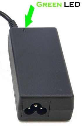 Image of a laptop AC adapter with LED indicator on the adapter brick