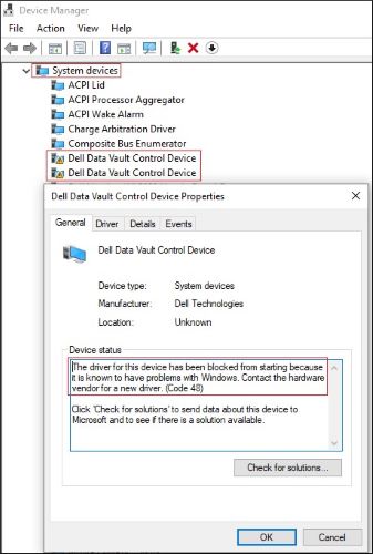 Duplicate Dell Data Vault Control Devices with a yellow bang symbol