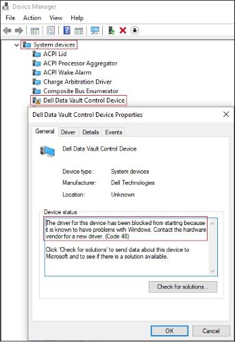 Dell Data Vault Control Device has a yellow bang