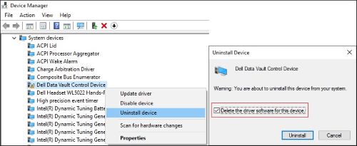 Fjern markeringen ud for Slet driversoftwaren til denne enhed, og afinstaller den sidste Dell Data Vault Control-enhed