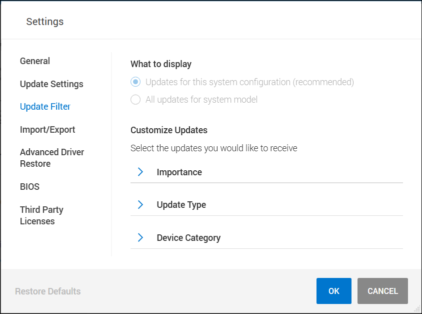 Dell Command | Update 앱에 표시할 항목