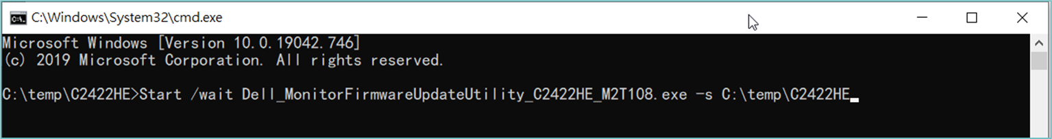 Image shows example of the syntax used in Command prompt when updating firmware for Dell monitor C2422HE