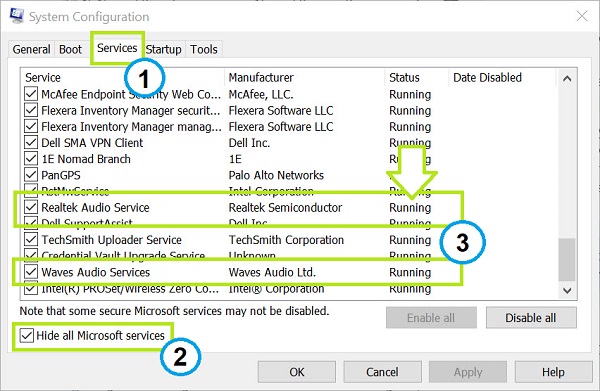 Services dans le menu Configuration de Waves