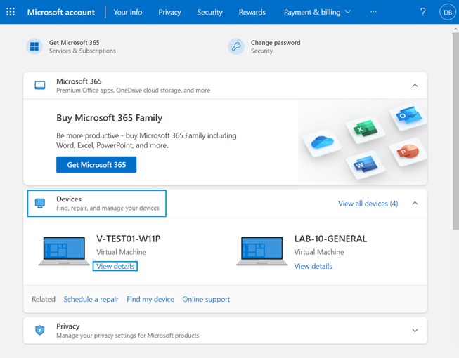 Visualização da conta da Microsoft de um desktop