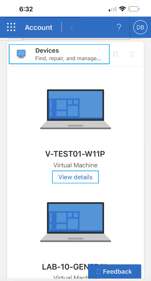 Visualização da conta da Microsoft de um dispositivo móvel