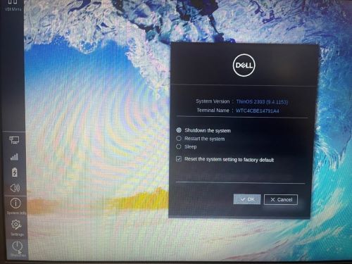 Seleccione Reset the system setting to factory default (Restablecer la configuración del sistema a los valores predeterminados de fábrica) y Shutdown the Thin Client (Apagar el cliente ligero)