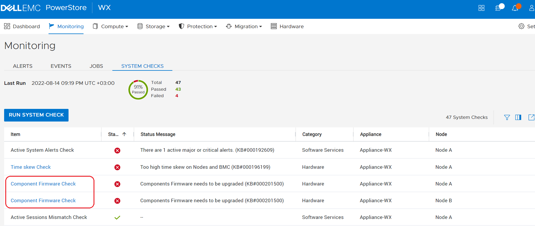 PowerStore System Health Checks detects if firmware upgrade is