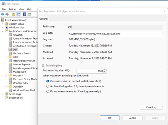 Maksimal loggfil (KB) er satt til 1028 KB