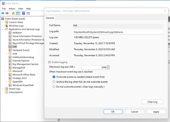 Maximal loggfil (KB) är inställd på 2 048 KB