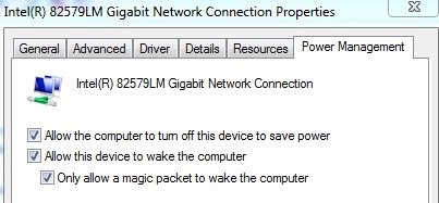 Intel 82578DM Gigabit Network Power Management -asetukset