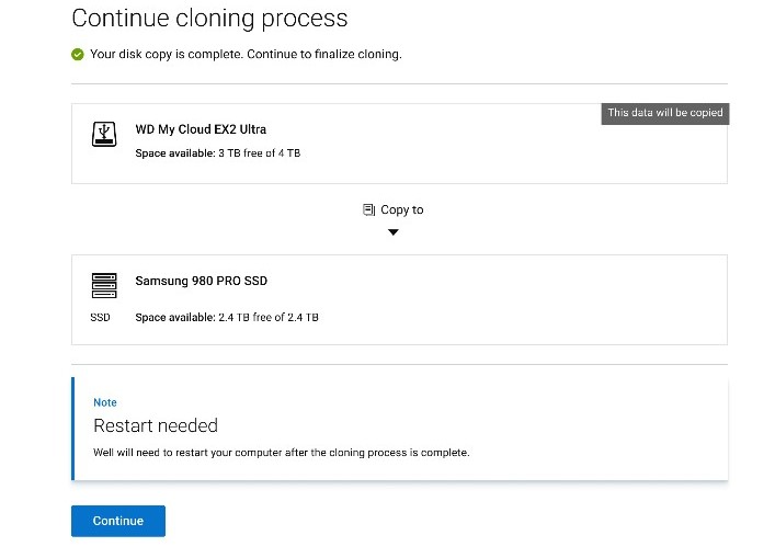 Continue cloning process 화면