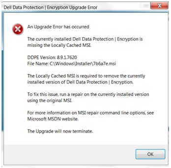 Protezione dei dati Dell | Errore di upgrade della crittografia