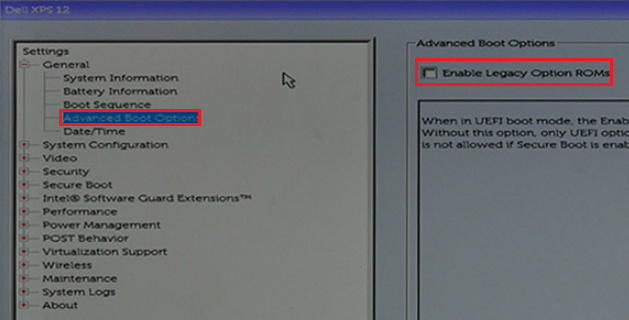 Enable Legacy Option ROMs nas configurações do BIOS