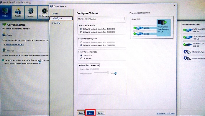 Selection of the disk assignments in the Recovery array