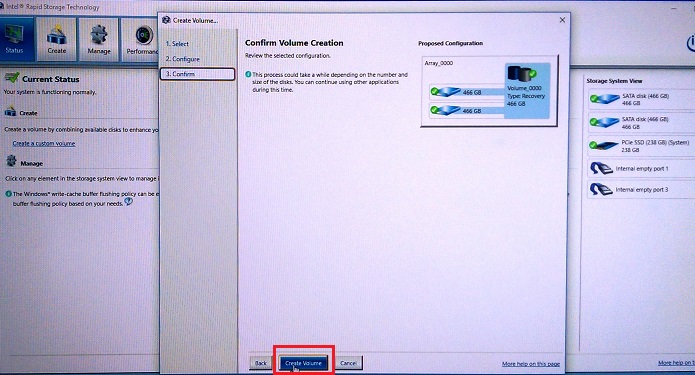 Creation of the Recovery volume array