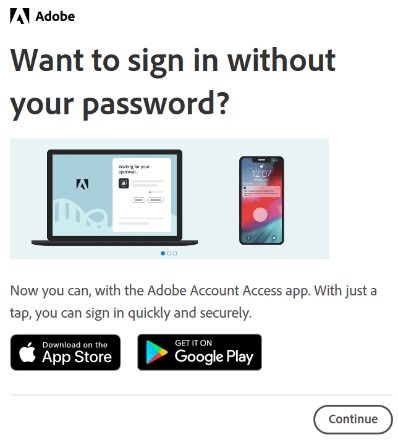 Selezione di Continue per accedere senza password