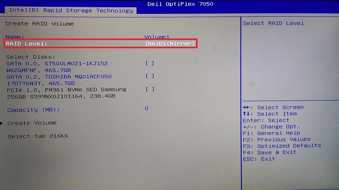 Alterar do array RAID 1 padrão para RAID 0 distribuído