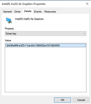 Details tab of Intel® Iris® Xe Graphic Properties