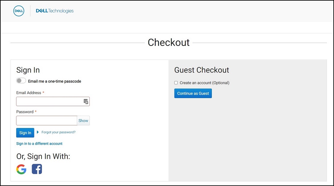 Dell.com — opções de checkout