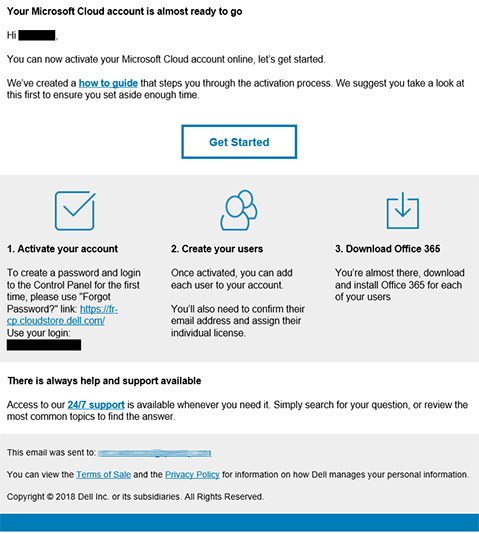 E-mail de bienvenue du compte d’activation CSP de Dell