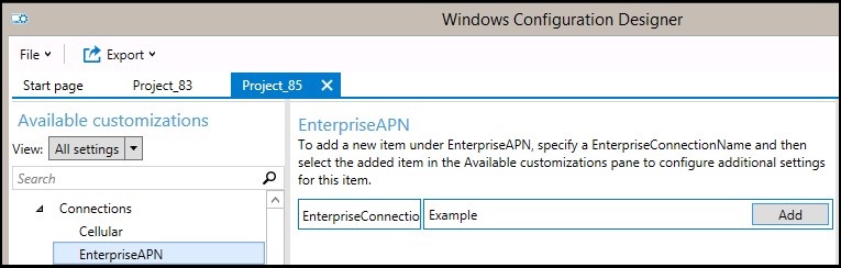 Agregar en el Diseñador de configuración de Windows