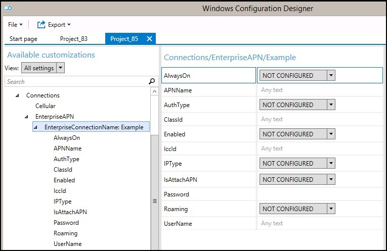 Proyecto del Diseñador de configuración de Windows