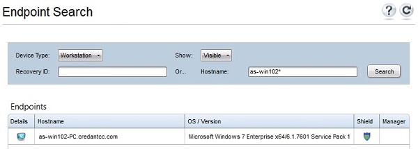 Menu de Pesquisa de endpoint