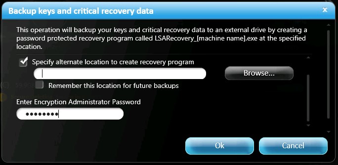 Меню «Backup keys and critical recovery data»