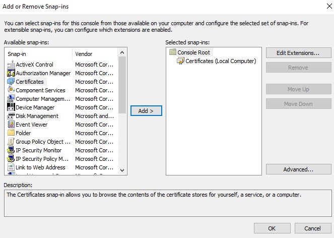 Adding Certificates snap-in