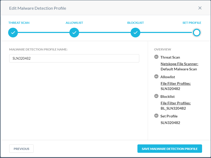 Save Malware Detection Profile