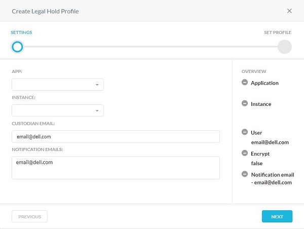 Create Legal Hold Profile — Settings