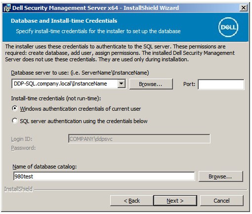 Informations d'identification du serveur de base de données et de l'heure d'installation