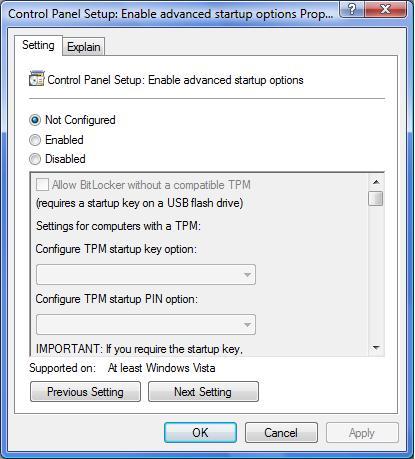 Configuración del panel de control en cifrado de unidad BitLocker