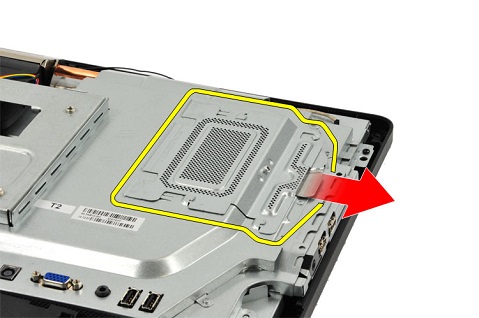 Pulling on the tab to release the cover