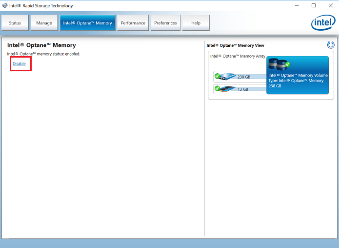 Intel Rapid Storage Technology Intel Optane-hukommelse aktiveret