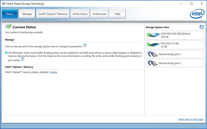 Intel Rapid Storage Technology Statusmenü