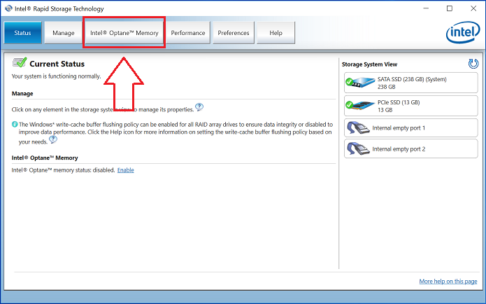 Statusmeny for Intel Rapid Storage Technology Optane